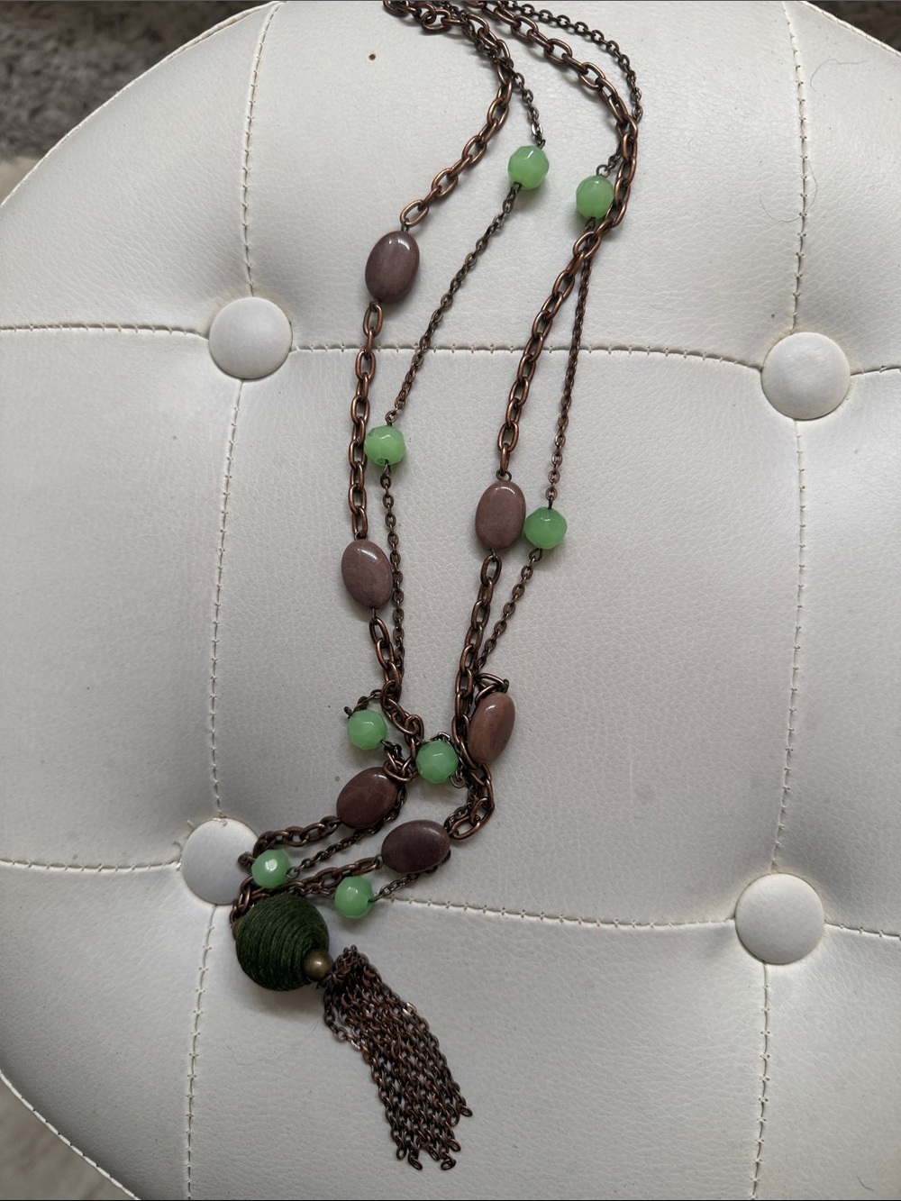 Long Layered Green and Brown Beaded Tassel Necklace - Women Jewelry